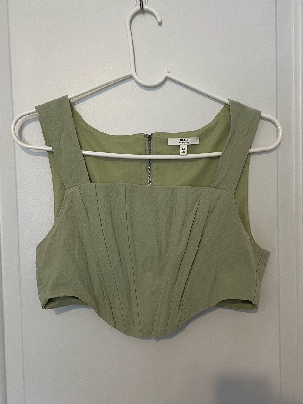 Pleated Square-Neck Crop Top in Light Sage